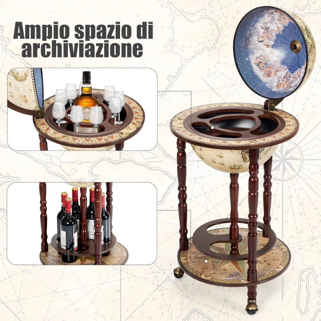 Mappamondo Bar con Ruote Mobili, Porta Liquori Stile Retrò (Beige 45 x 45 x 88cm)