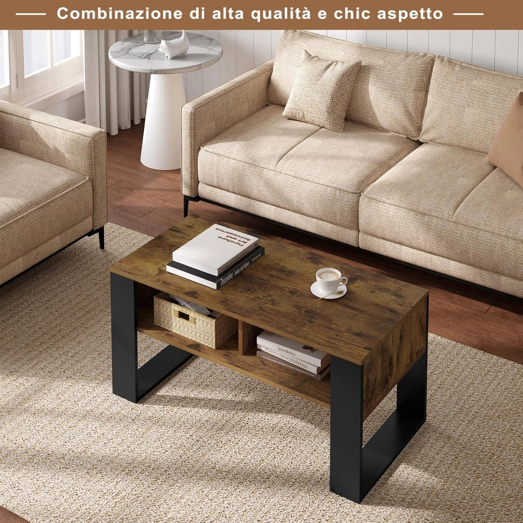 Tavolino da Salotto/Divano con 2 Scomparti Aperti, Tavolino Basso, Tavolo Laterale per Soggiorno, Camera da Letto, in Legno, Marrone Rustico + Nero, 90x45x45 cm, BTS16hov