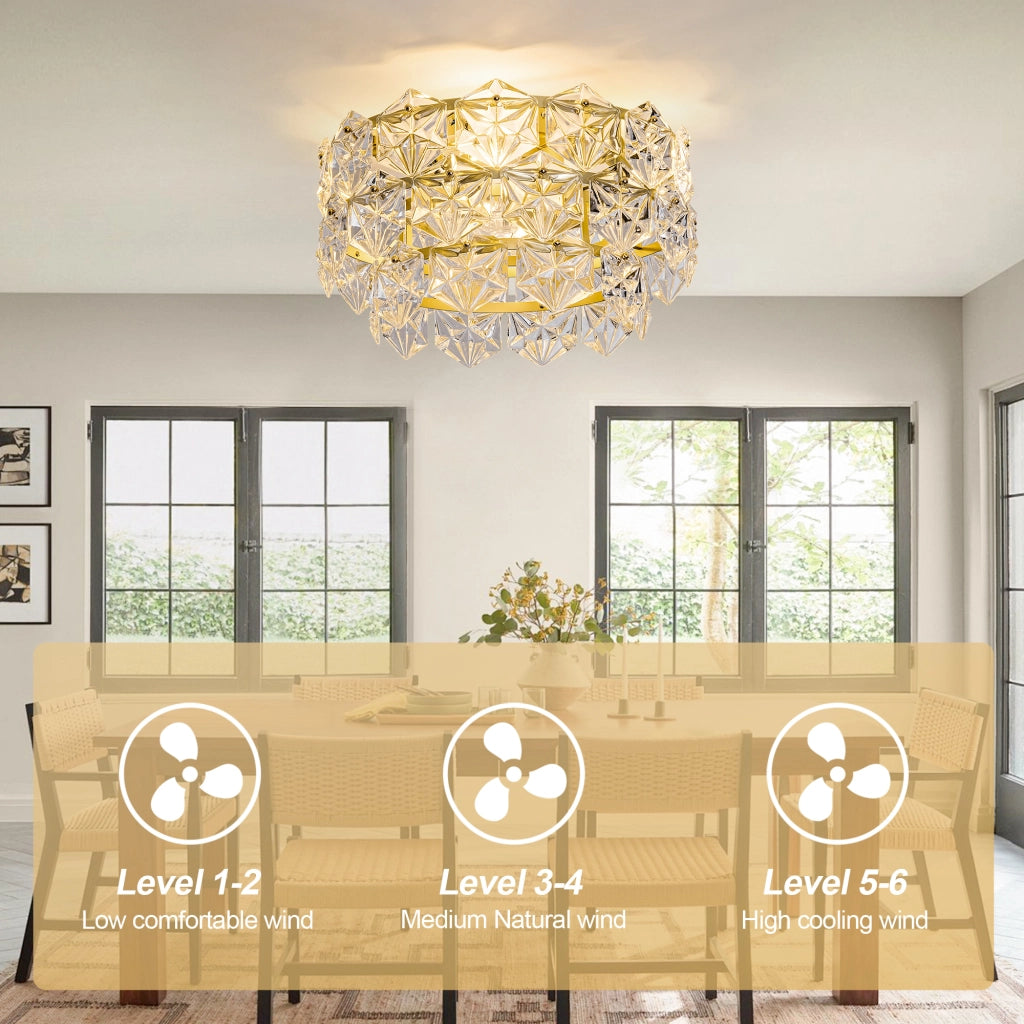 Ventilatore da soffitto 19 pollici con lampadario cristallo, stile lusso oro, motivo rombi, pale ABS, compatibile app, 6 velocit¨¤ reversibili