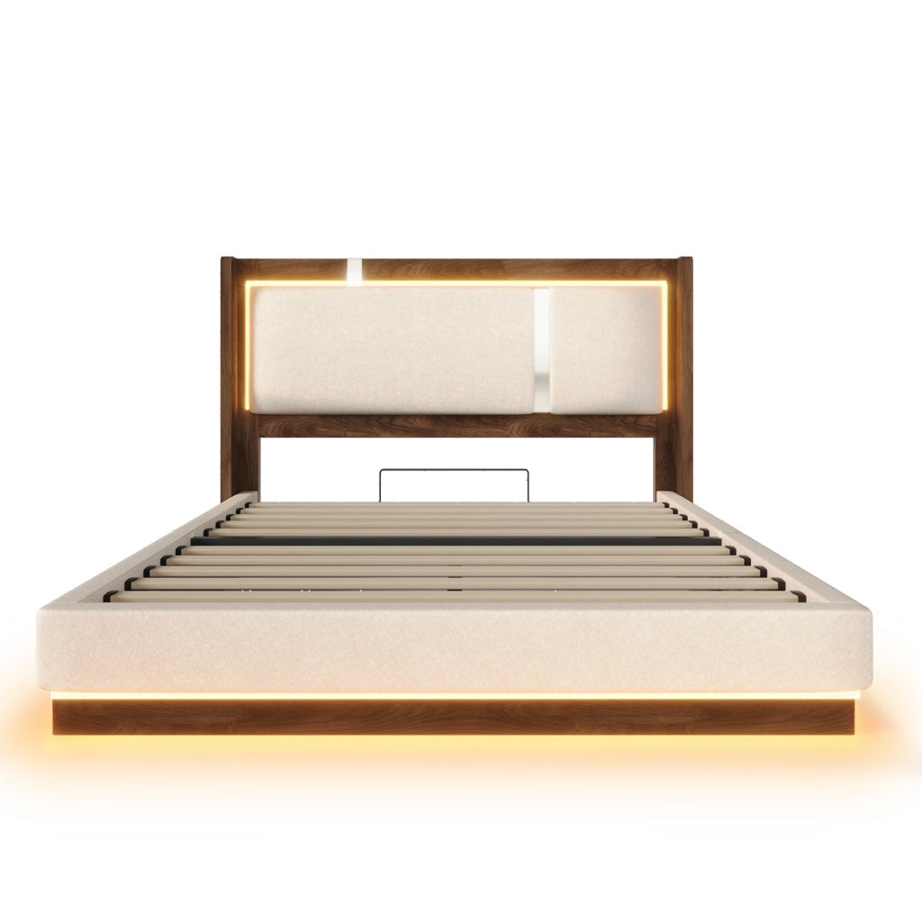 Letto matrimoniale 140x200 cm in stile retrò con LED, contenitore idraulico e rete a doghe, beige