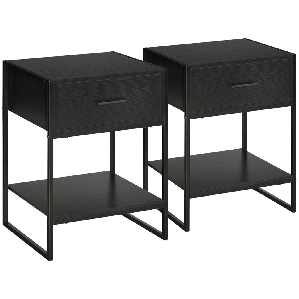 Set 2 Comodini 1 Cassetto 1 Ripiano 45x40x60 cm in Acciaio e Truciolato Nero