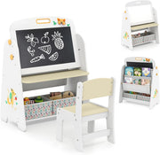 Set Tavolo e Sedia per Bambini, Lavagnetta Cancellabile Bambini con Sedia, Scaffale, 2 Contenitori in Tessuto, Gomma e Gessetti, Tavolino per Cameretta (Naturale)