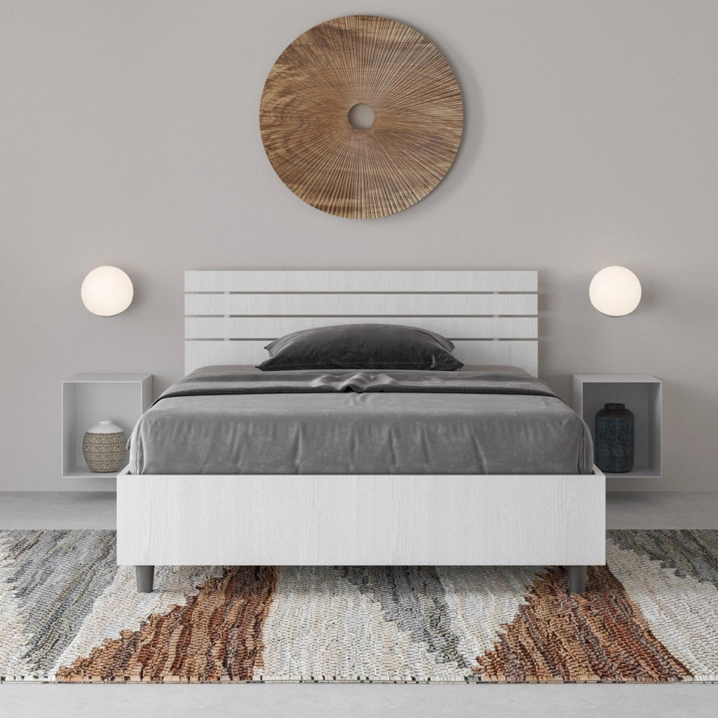 Letto 1 Piazza e Mezzo 120x190 cm con Rete e Contenitore Ankel Testata Doghe Dritta Bianco Frassino