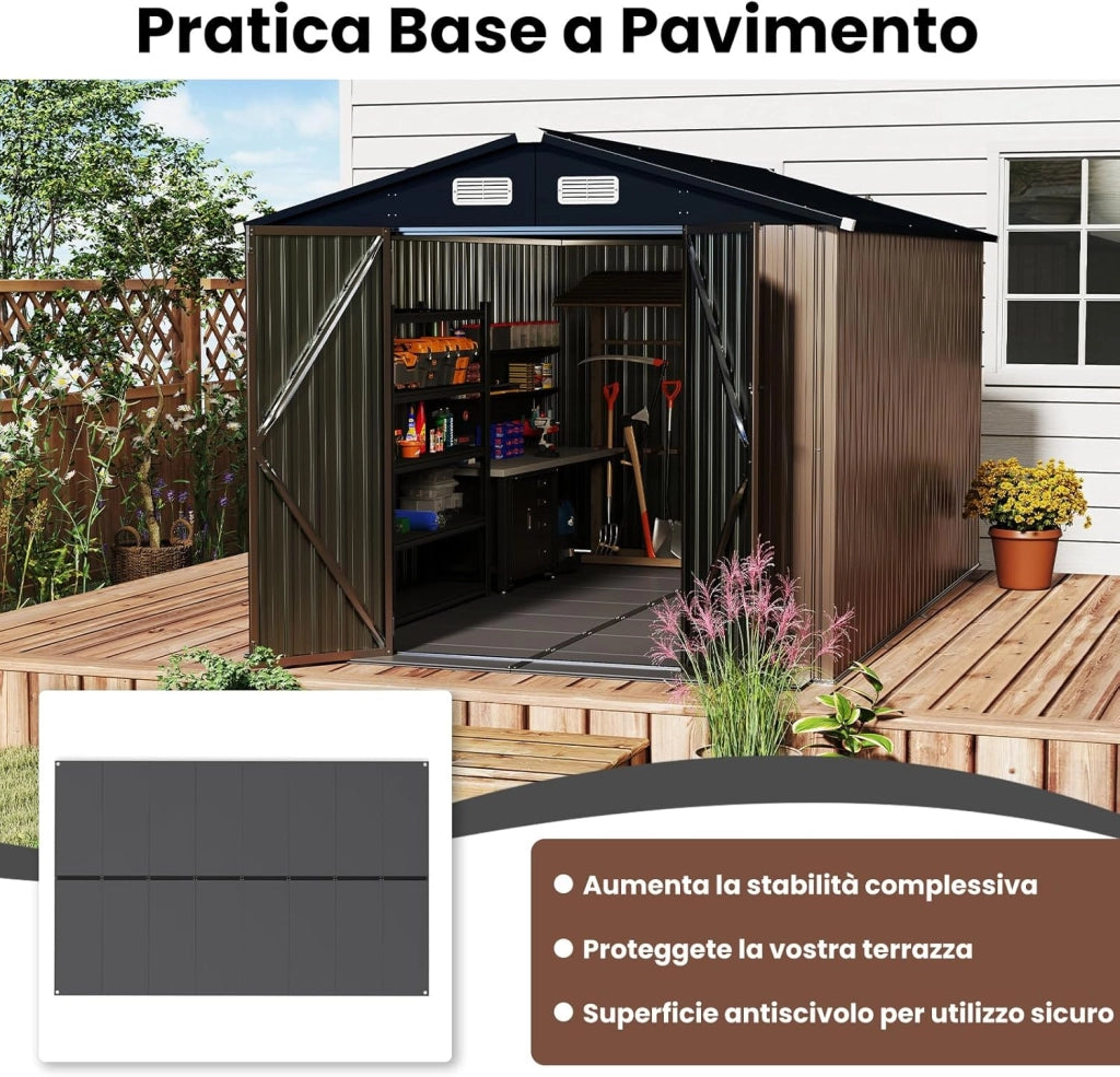 Tappeto per Pavimento in Plastica per Capanno degli Attrezzi, 343 x 215 cm, Tappeto Antiscivolo con Strisce Rinforzate, Parti Etichettate per Montaggio Facile, Base per Terrazza e Giardino