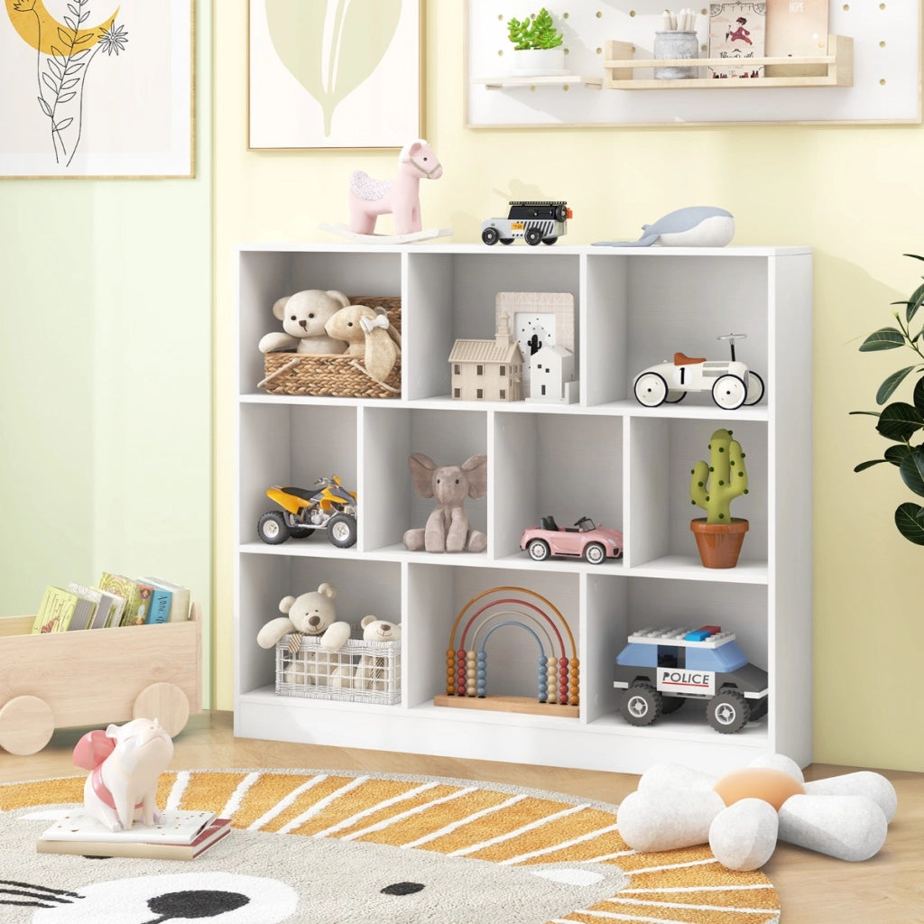 Libreria a 10 cubi con 2 kit anti-ribaltamento, Organizzatore di stoccaggio a 3 ripiani in legno alto 104cm Bianco-Librerie