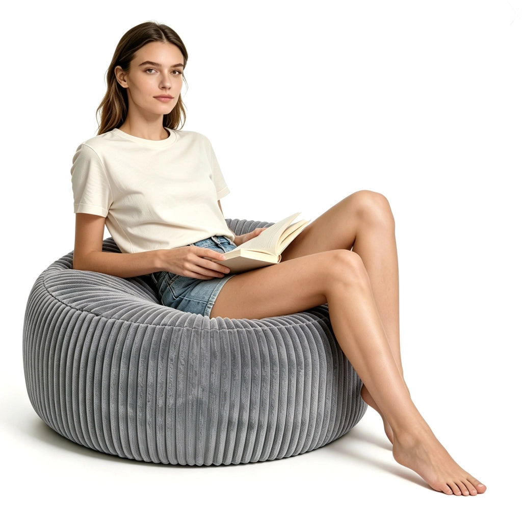 POLTRONA A SACCO Rotonda in Velluto a Coste Grigio Chiaro, 4 FT e 6 FT