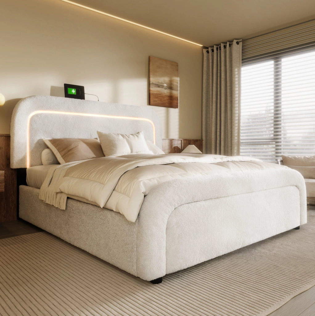 Letto imbottito 140x200 cm in Sherpa bianco con LED, USB/Type-C e 4 cassetti