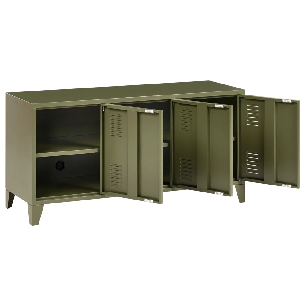 Credenza in acciaio, 3 ante, ripiani regolabili verde stile industriale home office
