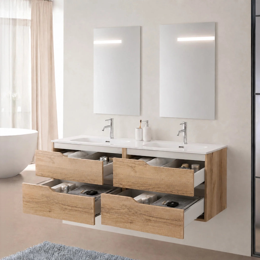 Mobile bagno sospeso 120 cm quercia e bianco due cassetti e doppia vasca Sumya