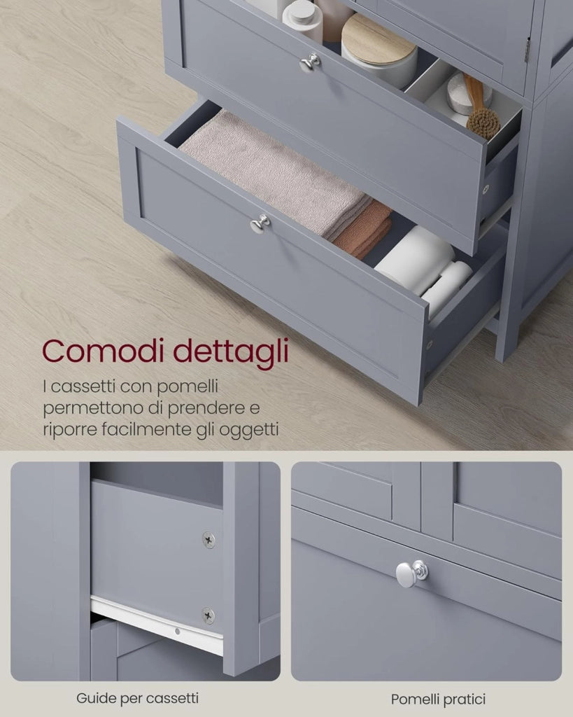 VASAGLE Mobile da Bagno, Mobiletto da Bagno, Credenza da Cucina, Armadietto con 2 Cassetti e 2 Ante, Ripiano Regolabile, 30 x 60 x 110 cm, Grigio Tortora BBC551G02