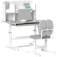 Set Scrivania e Sedia per Bambini Regolabili, Banco Scuola con Piano Inclinabile, Cassetto, Scaffale, Grigio