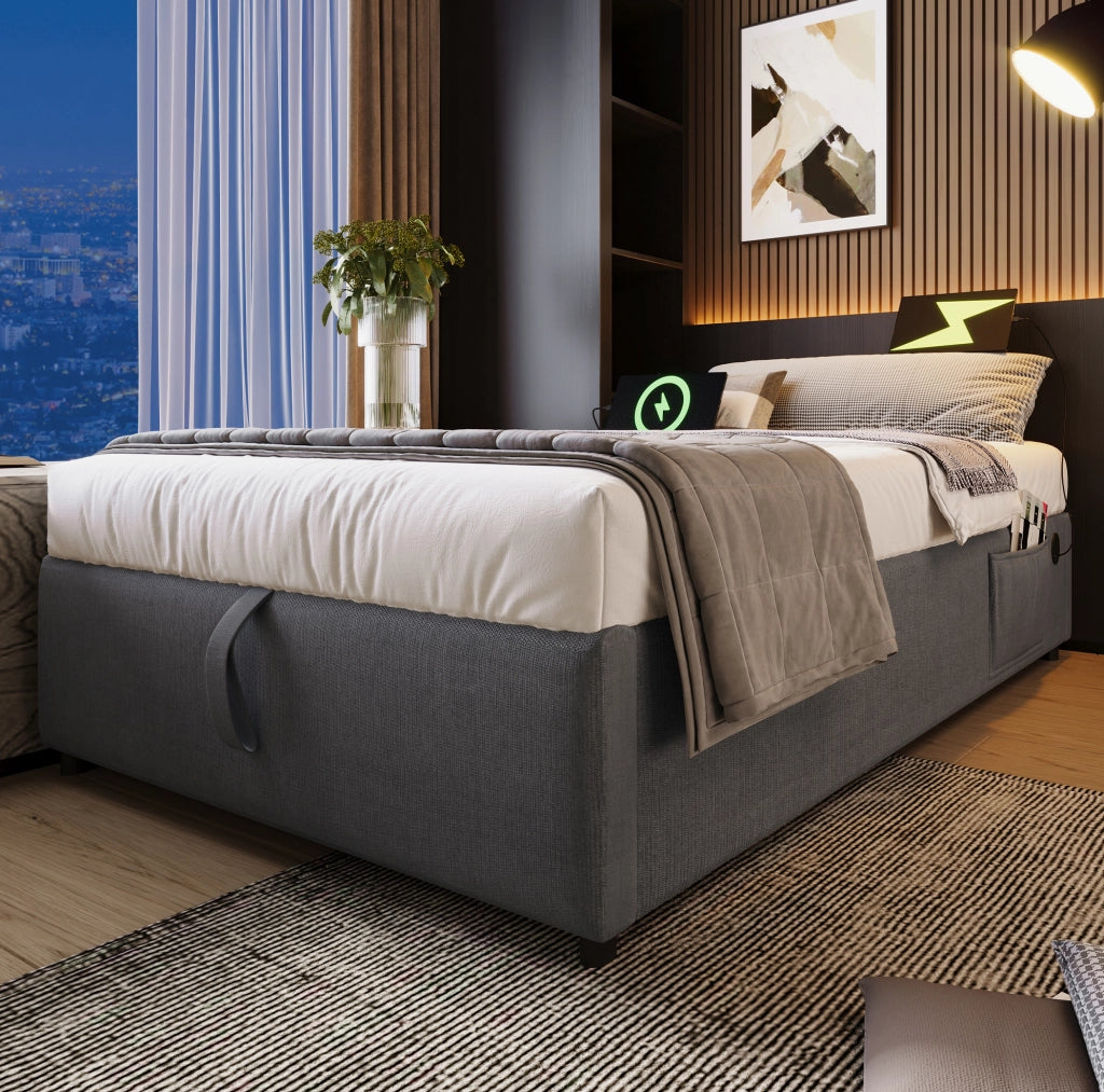Letto contenitore singolo 90x200 cm in tessuto lino; USB e Type-C; grigio; senza testiera