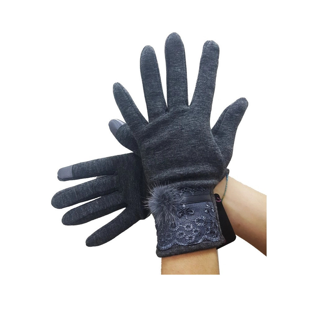 Trade Shop - Guanti Tessuto Cotone Donna Grigio Pon Pon Pizzo Taglia 8 1/2 Gloves Fodera -