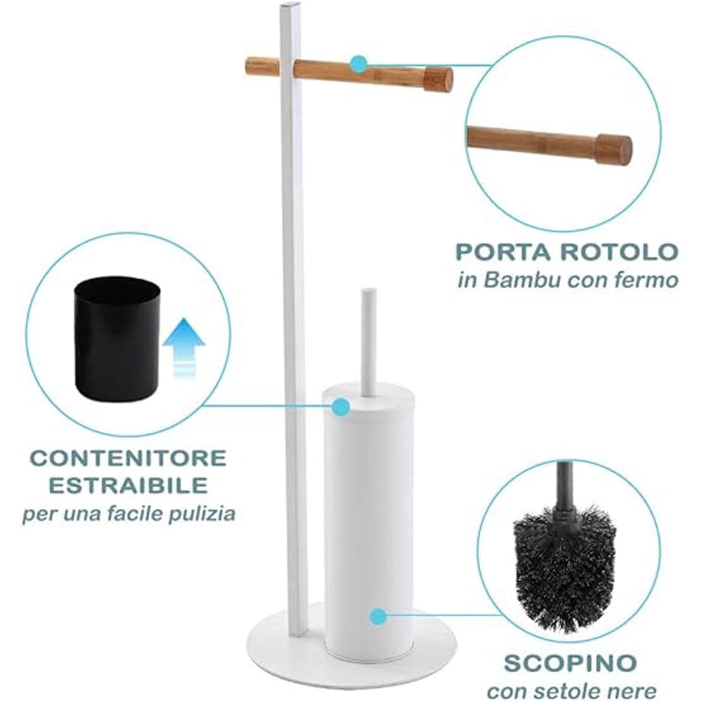 Piantana porta rotolo e scopino bagno in bamboo e acciaio bianco ø22xh.67 cm