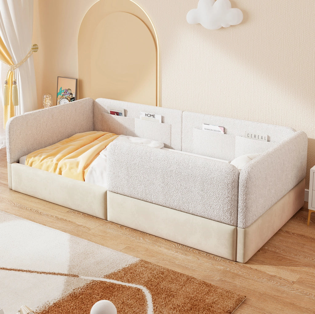 Letto piattaforma imbottito 90x200 cm con spondine e tasche portaoggetti; bianco
