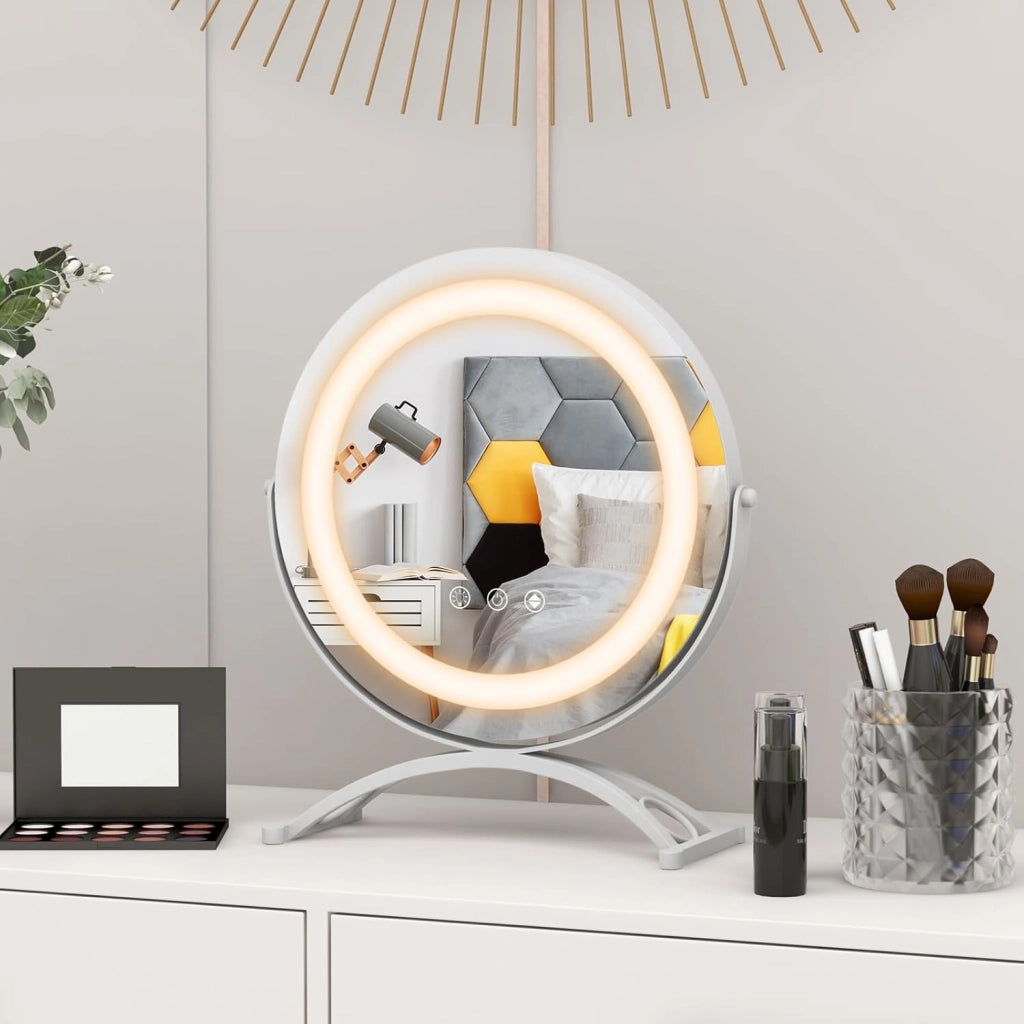 Specchio da Tavolo 30 CM, Specchio per Trucco con Luci LED a 3 Colori Controllo Tattile Intelligente, Rotazione a 360°, Specchio Rotondo con Cornice in Metallo, Bianco