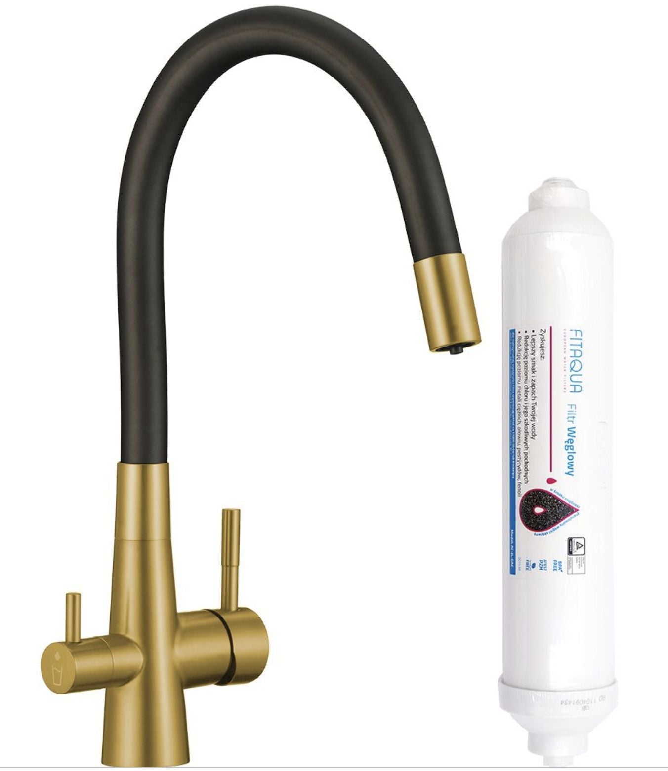 Rubinetto cucina con filtro acqua e bocca flessibile – 2 leve oro spazzolato e nero