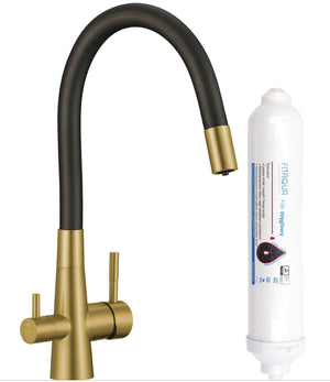 Rubinetto cucina con filtro acqua e bocca flessibile – 2 leve oro spazzolato e nero