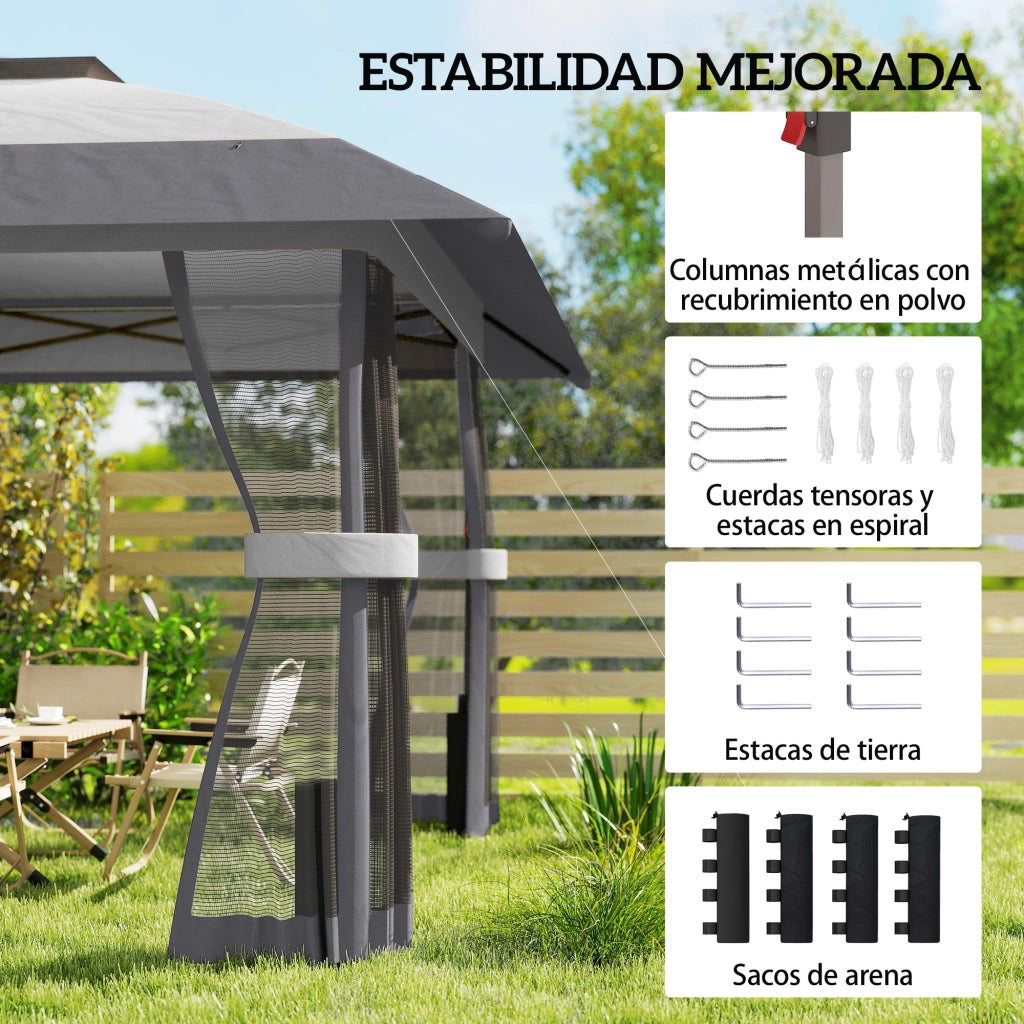 Tenda da Giardino Pieghevole 4x4 m con Doppio Tetto e Laterali in Reticolo ¨C zephmum ¨C Grigio