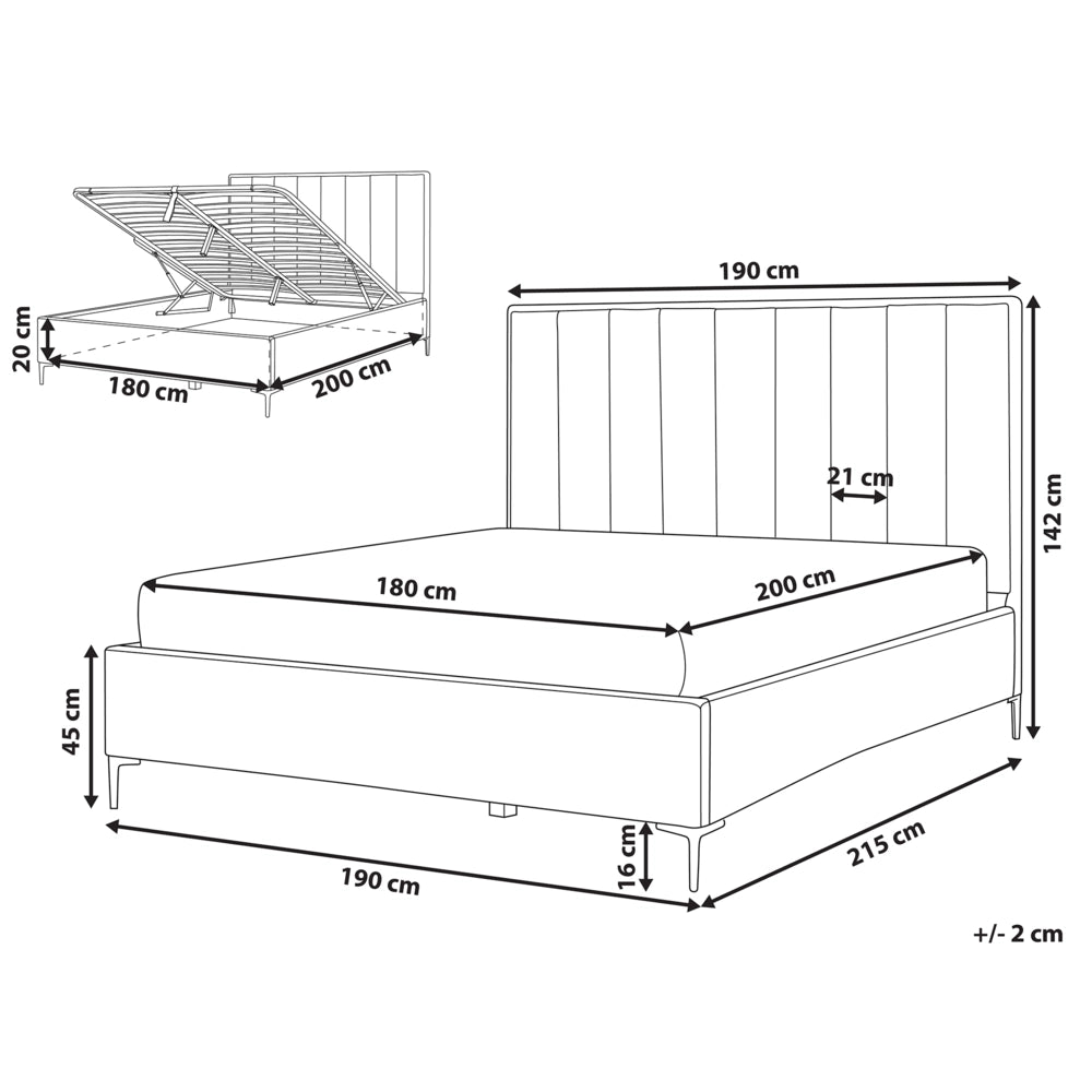 Letto in velluto grigio chiaro 180 x 200 cm con testata imbottita contenitore ottomana Gambe in metallo Nero