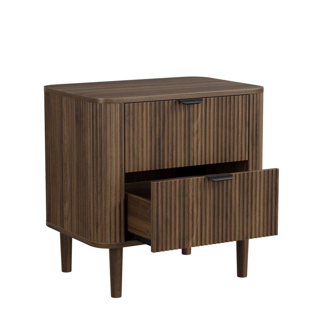 COMODINO 2 Cassetti MDF Color Noce con Frontali Scanalati