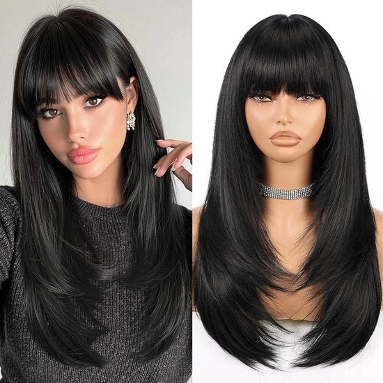 Pruika Hittebestendig - Lunga Pruika Retta - Pruika a Strati - Aspetto Naturale - Pony - Progettazione Realistica della Pelle Capelluta - Accessorio Capelli