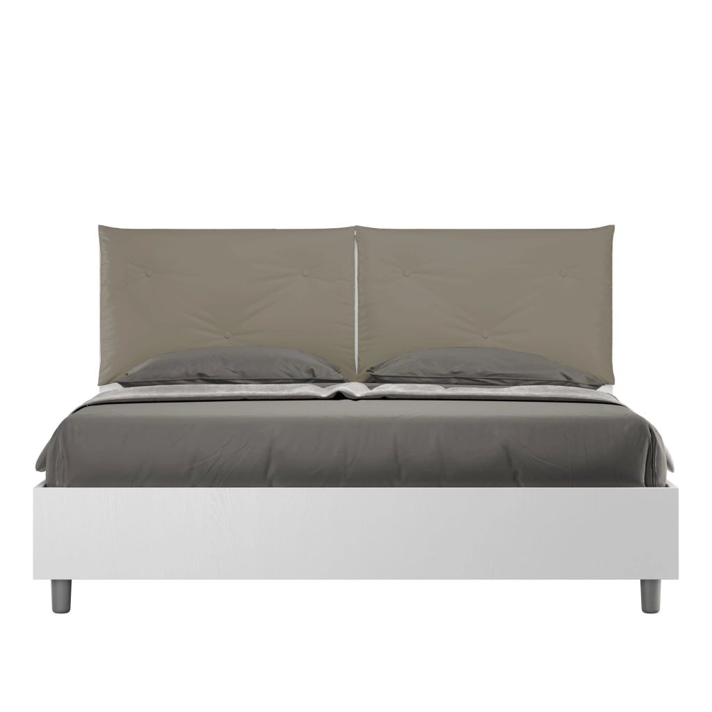 Letto matrimoniale contenitore doppia alzata 160x190 bianco frassino cuscini similpelle cappuccino Egos Appia