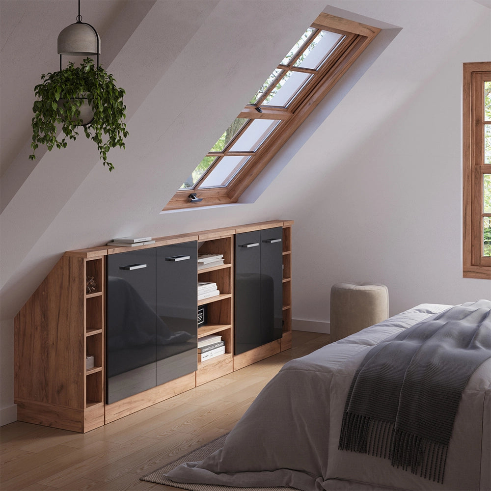 Set di mobili sottotetto Rion Antracite lucido/Rovere dorato Set di 5 Vicco