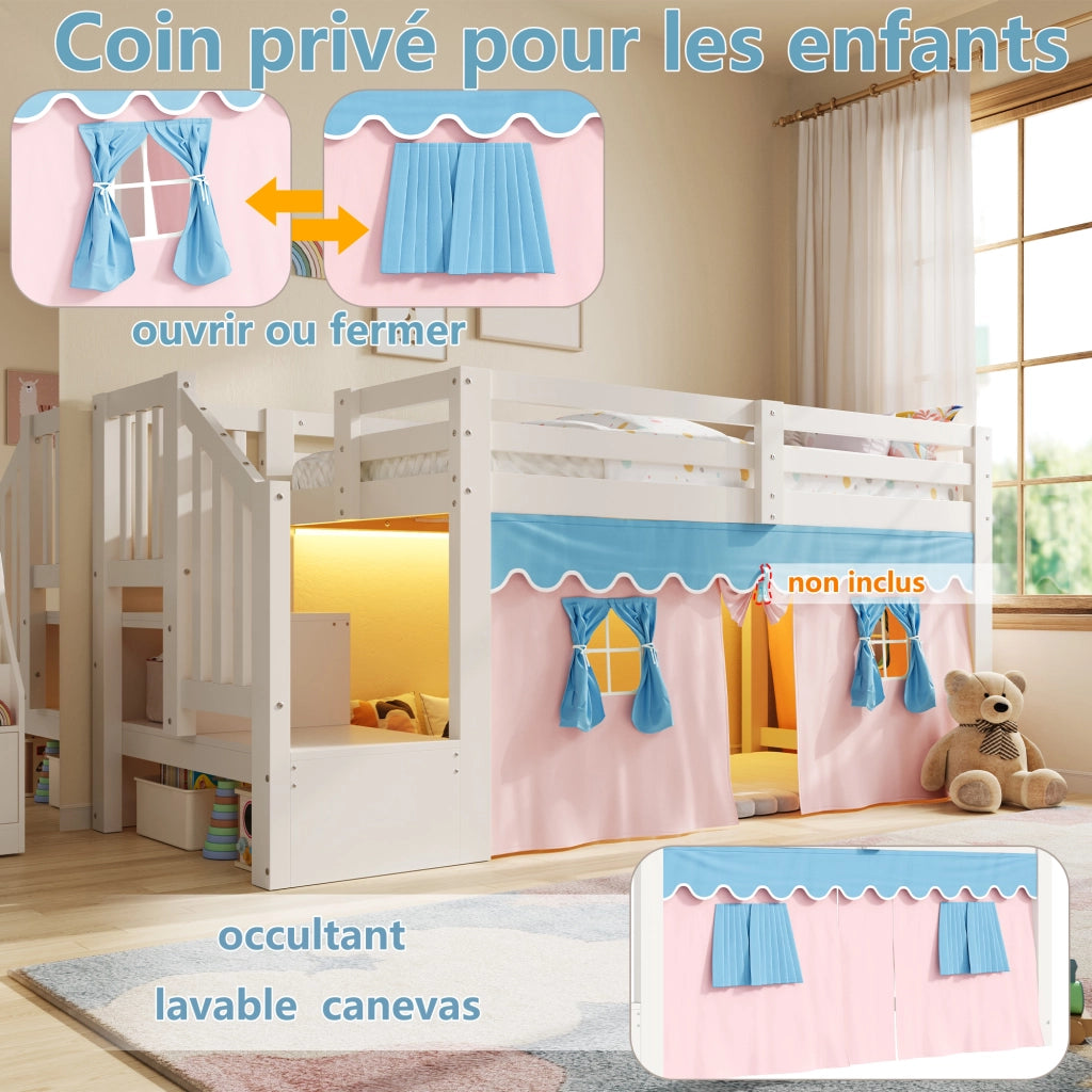 Letto a soppalco 90 × 200 cm con tende oscuranti, LED regolabile, spazio contenitore e senza materasso, bianco
