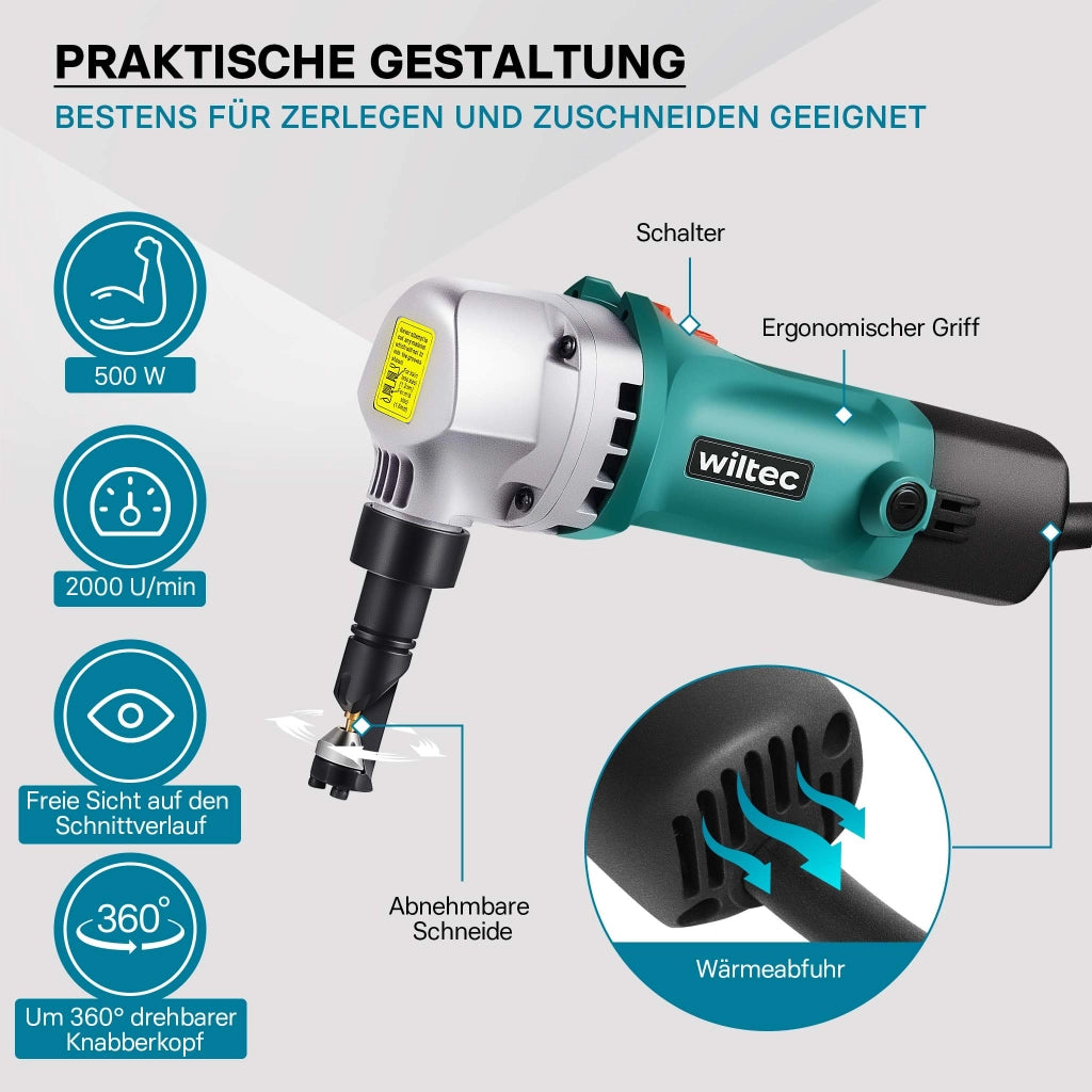 Roditrice per lamiera 500W profondità di taglio fino a 2,5mm testa di roditura rotabile a 360°