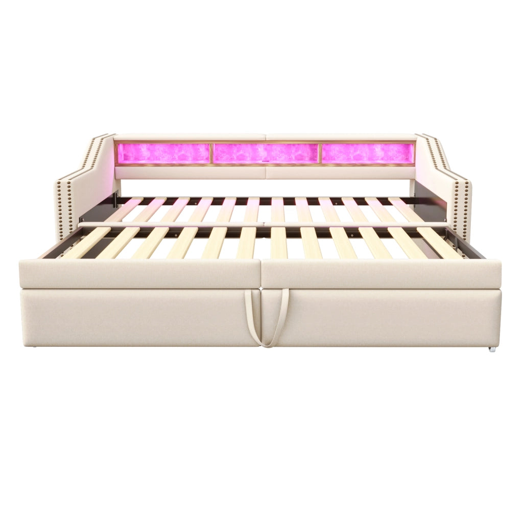Divano letto estraibile ULEVR 90/180x200 cm con LED, USB e 3 vani laterali, beige