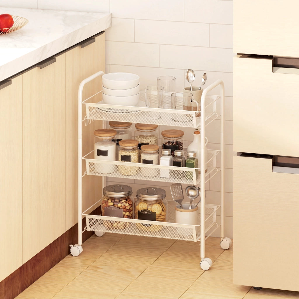 Carrello a 3 livelli con cesti ¨C zephmum ¨C bianco 45x26.5x63 cm