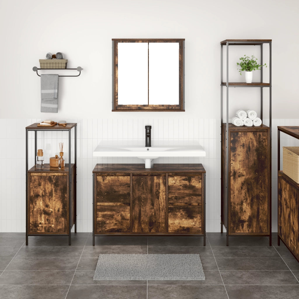 Set di Mobili da Bagno a 3 Pezzi in Legno ingegnerizzato Rovere Affumicato