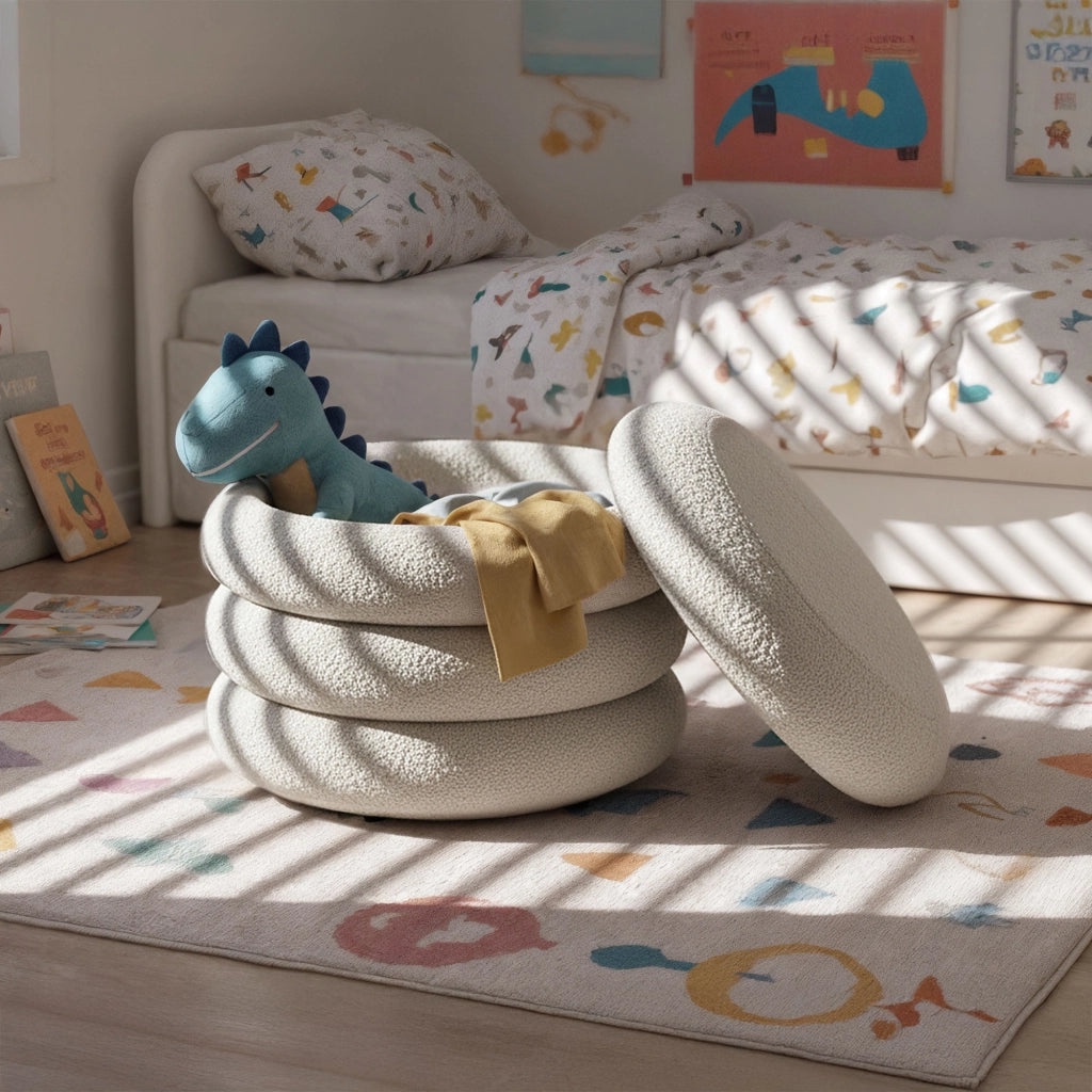 Pouf contenitore cilindrico in tessuto teddy 55 cm MOLLIS Bianco Nebbia