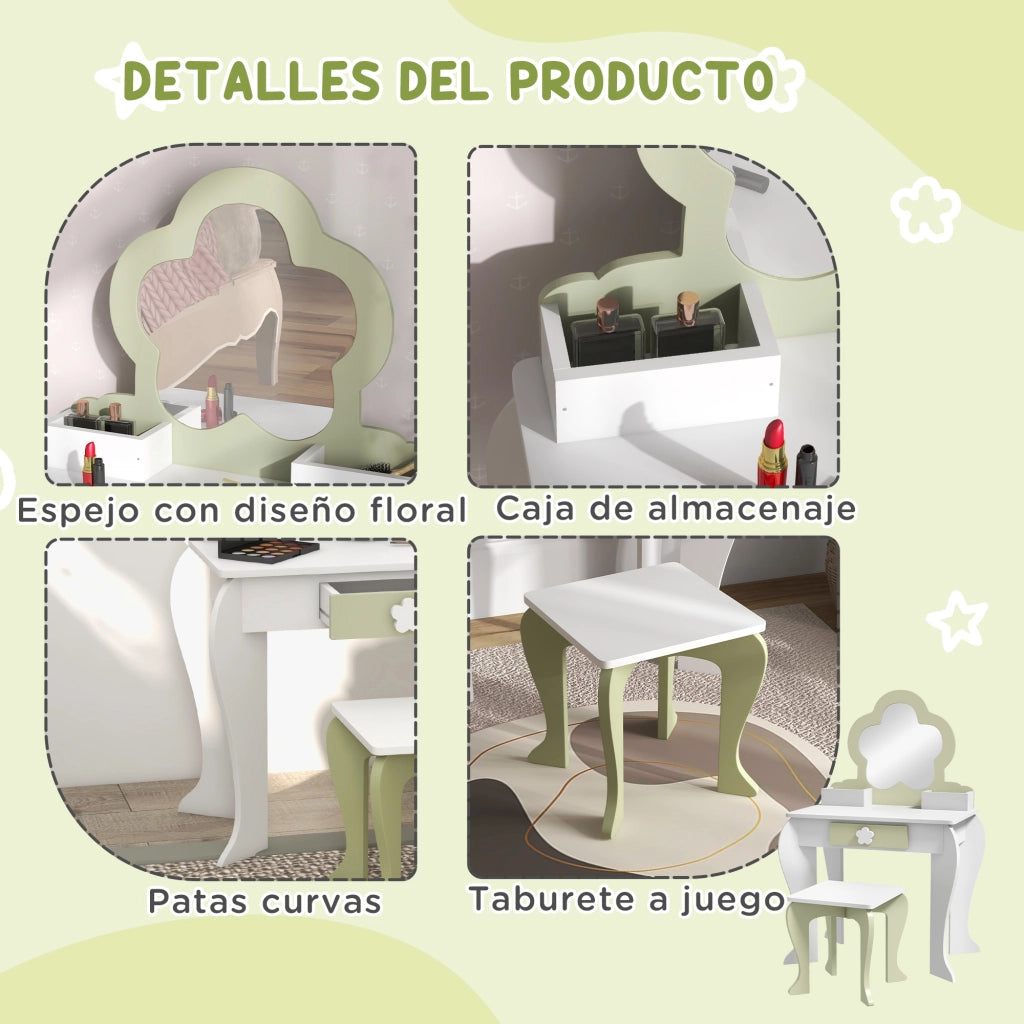 Cassettiera con specchio e sgabello per bambini ¨C zephmum ¨C bianco e verde pastel 55x34x87,5 cm