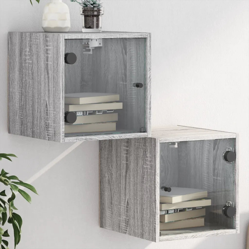 Set di 2 Comodini | Armadio da Notte | Mobiletto da notte con Ante in Vetro Grigio Sonoma 35x37x35 cm