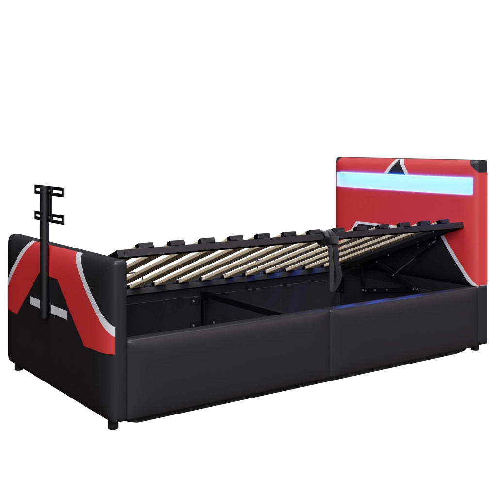 DESMIU Letto bambino 90 × 200 cm con LED regolabile, vano contenitore idraulico e supporto TV, senza materasso, nero