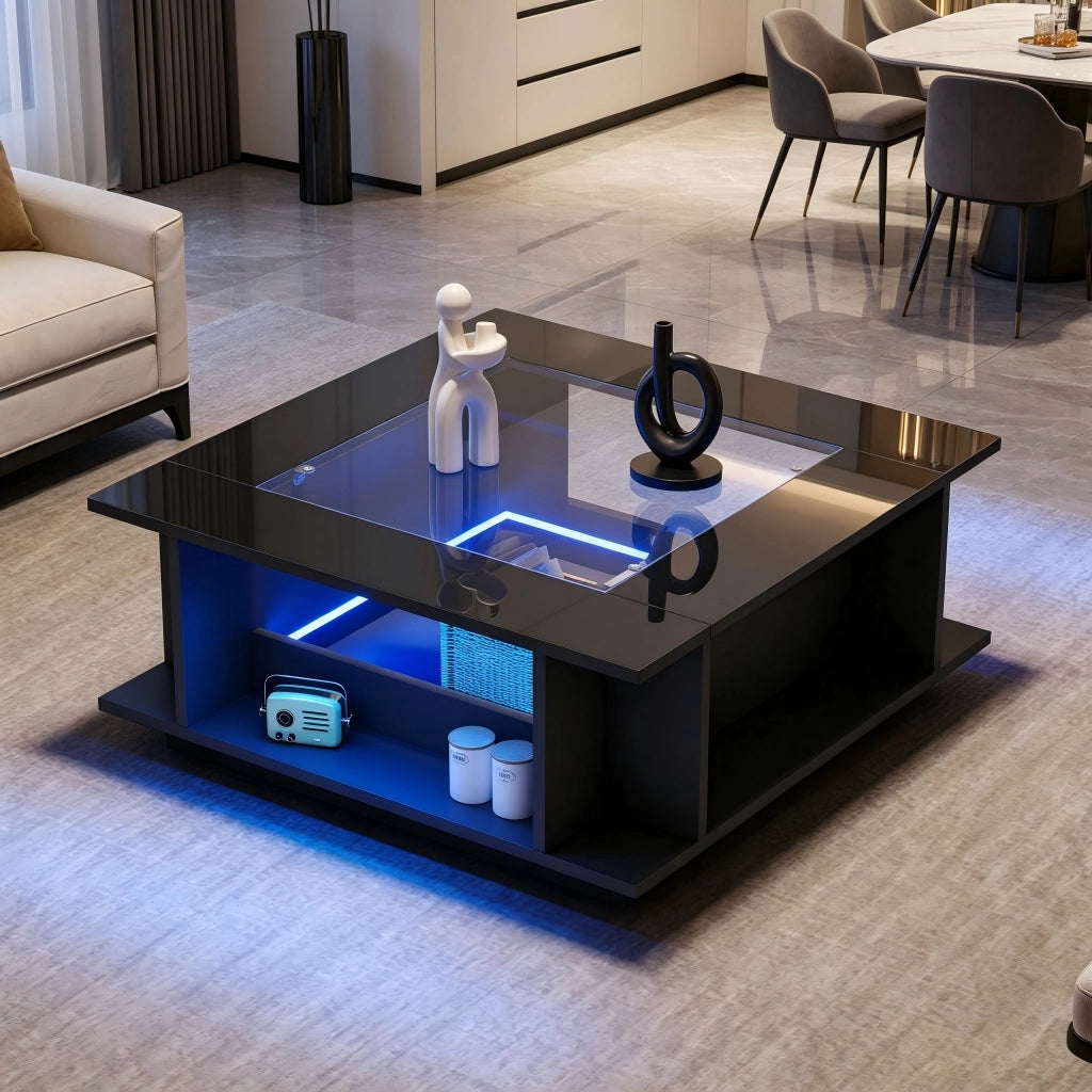 Tavolino da salotto quadrato con vani aperti e spazio laterale; piano in vetro; LED; nero 70 × 70 × 30 cm