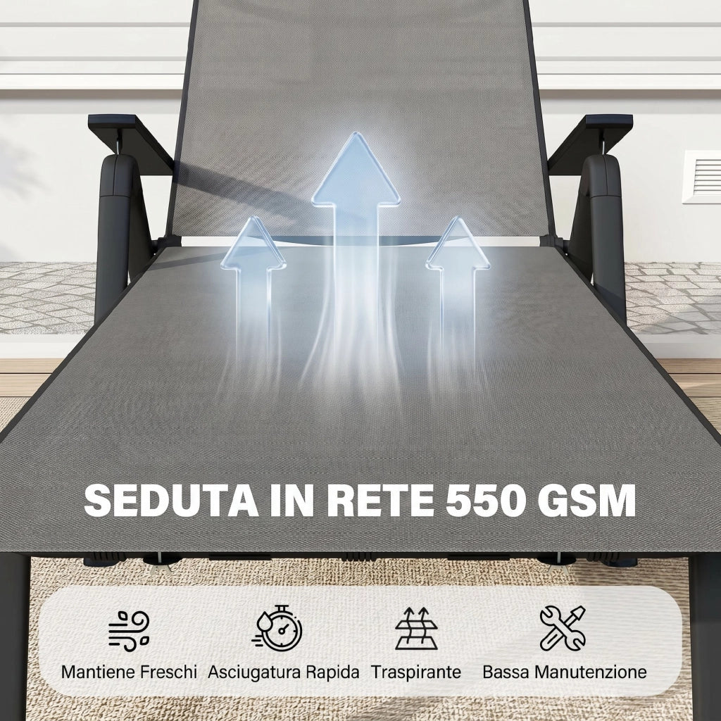 Lettino Sdraio Pieghevole e Reclinabile in 5 Posizioni con Rotelle, in Metallo e Textilene, 72x158x84 cm, Grigio