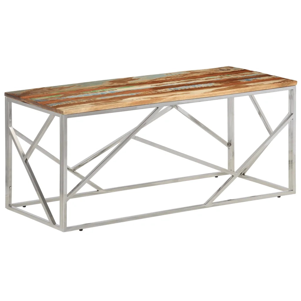Tavolino Salotto Argento in Acciaio Inox e Legno di Recupero 349944