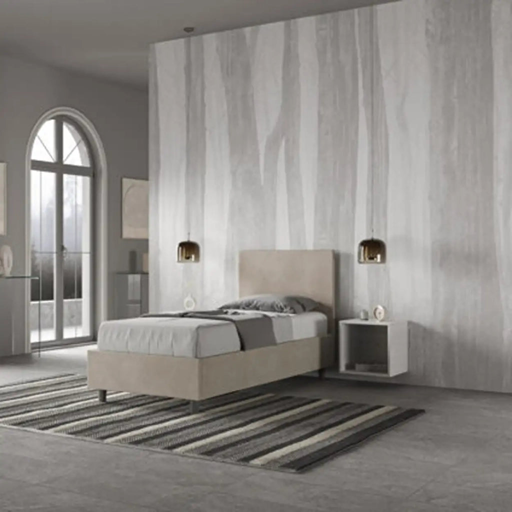 Letto singolo con rete imbottito 80x190 microfibra sabbia Adele