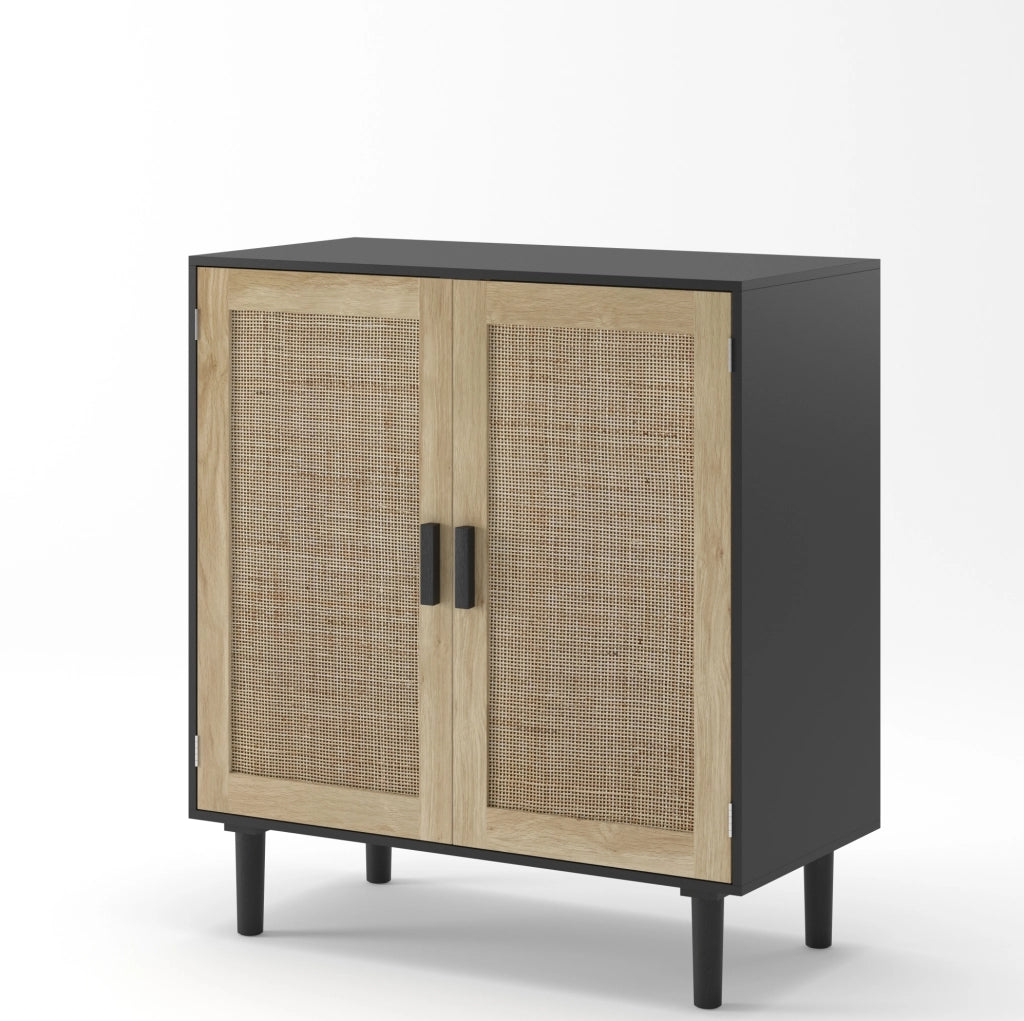 Mobile contenitore 80 cm a 2 ante nero con rattan