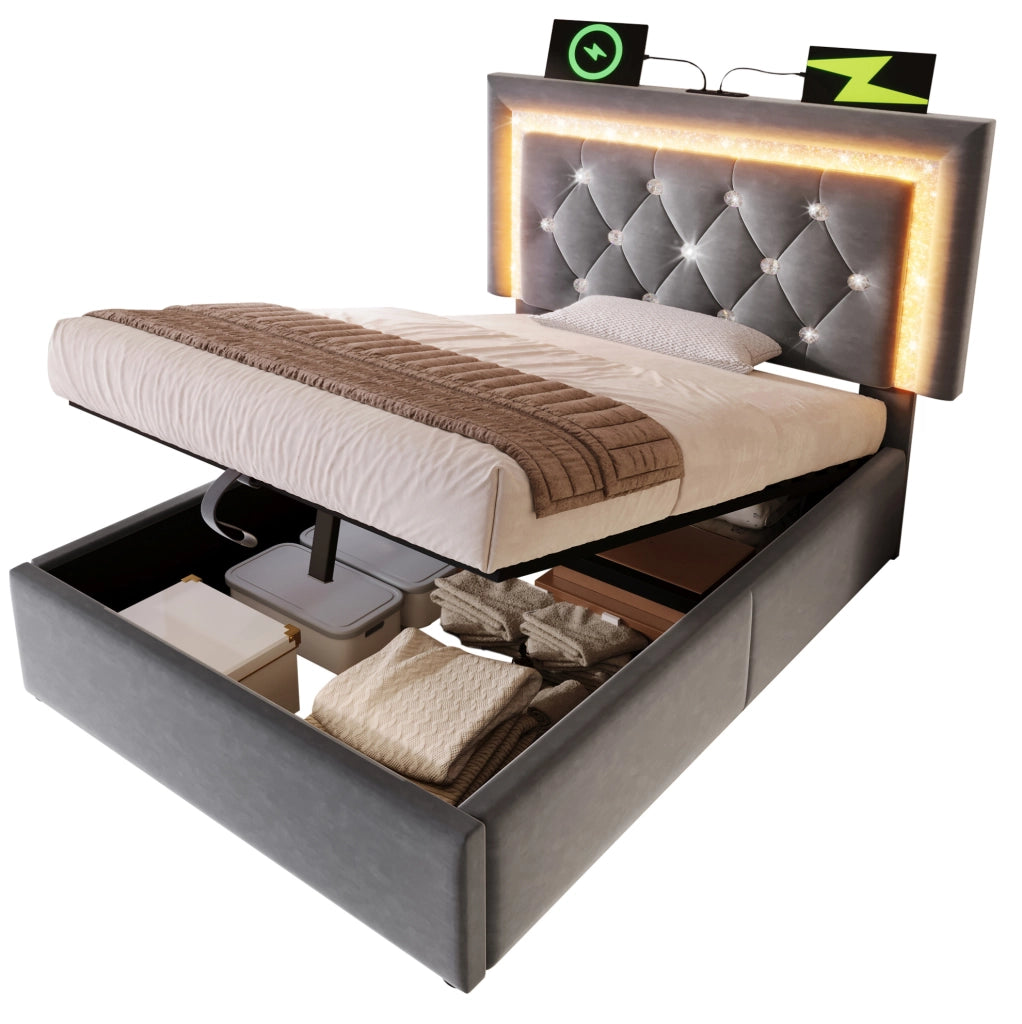 Letto imbottito in velluto 90x200 cm con LED, USB e contenitore