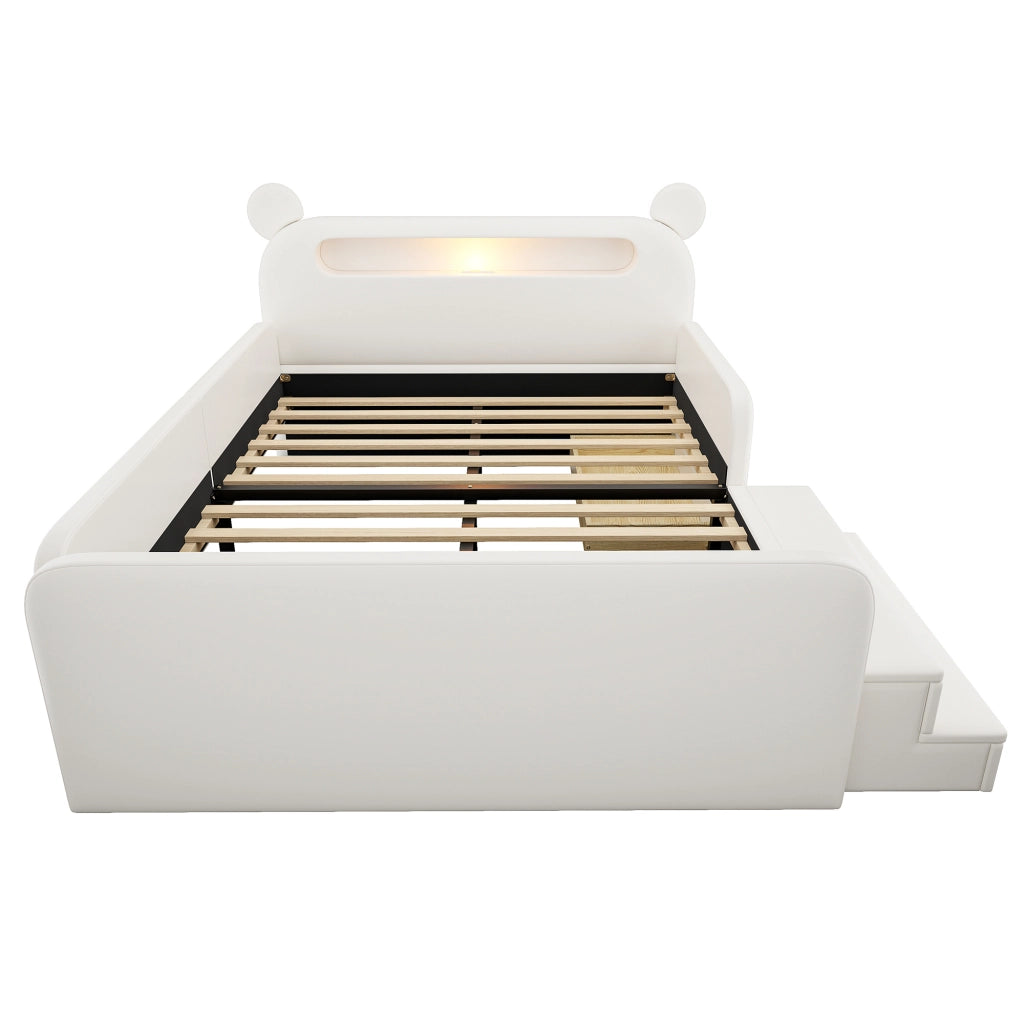Letto imbottito per bambini con testiera a orso e USB, 140x200 cm, bianco