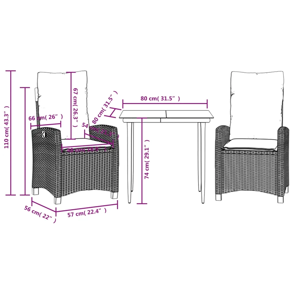 Set da Pranzo da Giardino 3 pz con Cuscini Nero in Polyrattan