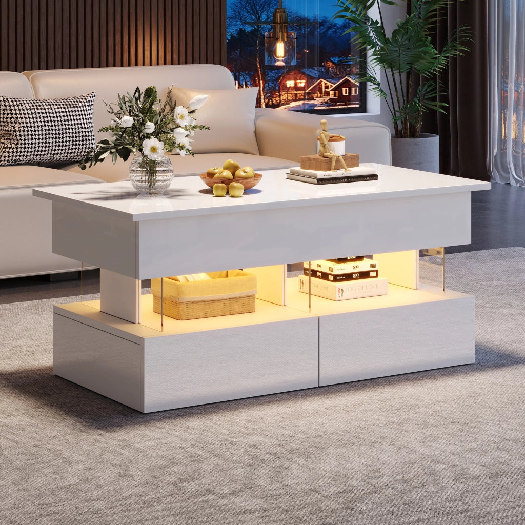 Tavolino regolabile in altezza, lucido, con luci a LED, 2 cassetti, in MDF + acrilico, 100 x 50 x 46 cm, bianco