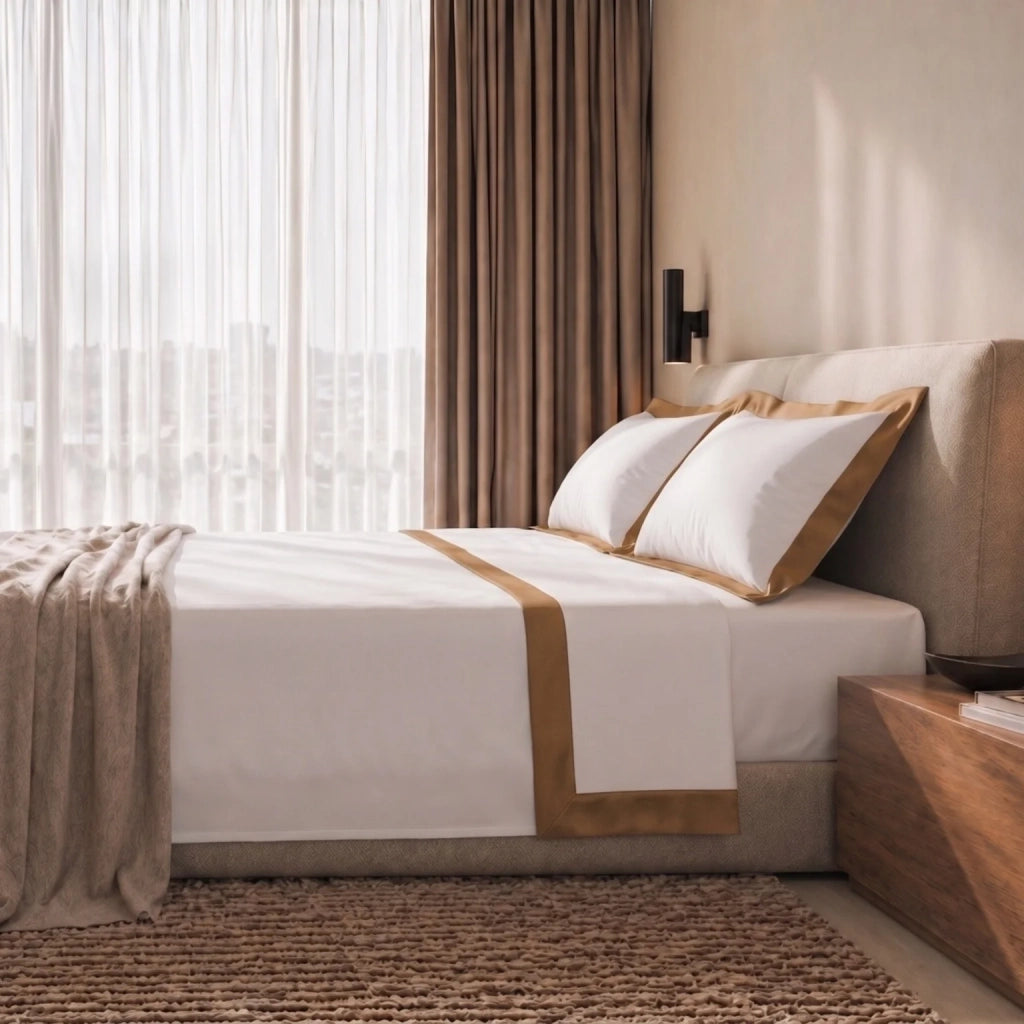 Set Lenzuola Letto Singolo 100% Cotone | Lenzuolo Piano 160x295 cm, Lenzuolo con Angoli 90x200 cm e 1 Federa Coordinata | Lenzuola con Balza Decorativa in Raso Beige