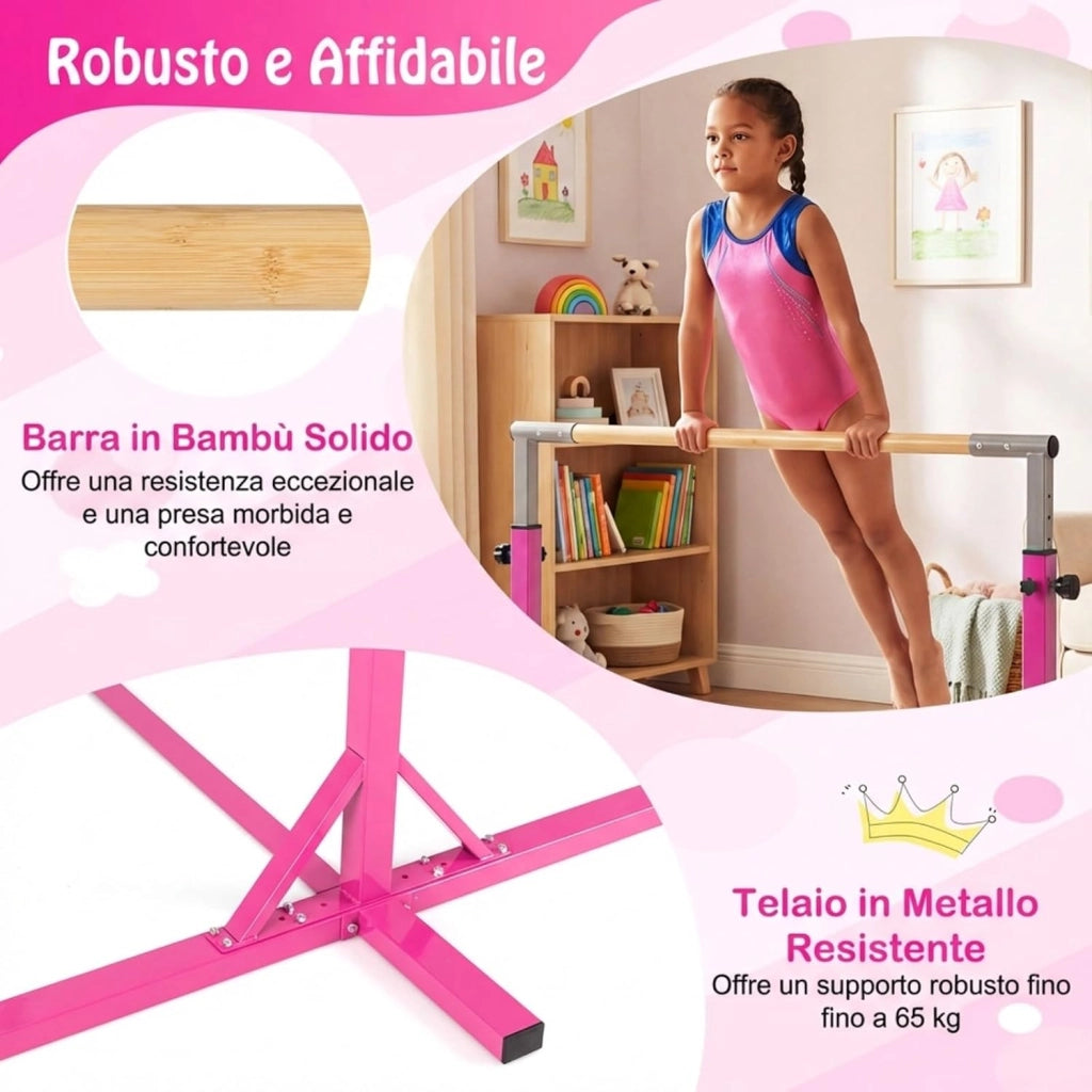 Sbarra per Ginnastica e Danza per Bambini e Bambine, Barra Ginnastica in Metallo e bambù Portatile e Regolabile in Altezza con Cuscinetti Antiscivolo, 195 x 121 x 85-145 cm