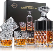 Set di caraffa whisky e bicchieri, set di caraffa whisky in vetro, 849 ml caraffa whisky in cristallo con 4 bicchieri 280 ml in scatola regalo (5 pezzi), set di caraffa whisky per bevande forti