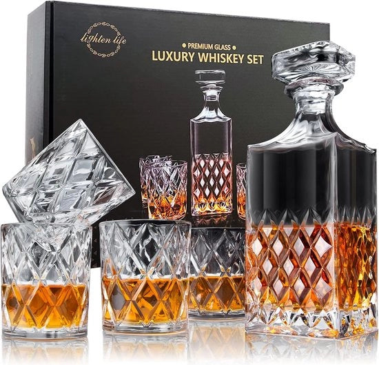 Set di caraffa whisky e bicchieri, set di caraffa whisky in vetro, 849 ml caraffa whisky in cristallo con 4 bicchieri 280 ml in scatola regalo (5 pezzi), set di caraffa whisky per bevande forti